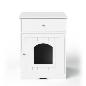 Wooden Pet House Litter Box Fence With Drawers, Side Table, Indoor Pet Cage, Cat Home Bedside Table - White