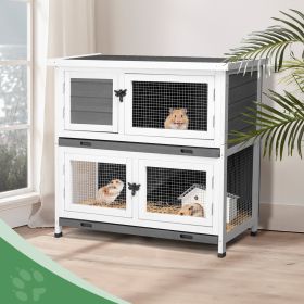 2 Floors Solid Wood Rabbit Cage With 2 Large Main Rooms, Indoor And Outdoor Rabbit House Guinea Pig Cage, Small Animal Pet House With 2 Removable Tray