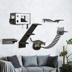 PawHut Cat Shelves With Ergonomically Curved Platform, Cozy Cat House, Bridge, Easy Stairs, And Flat Perch, Wall-Mounted Cat Tree Climbing Playground,